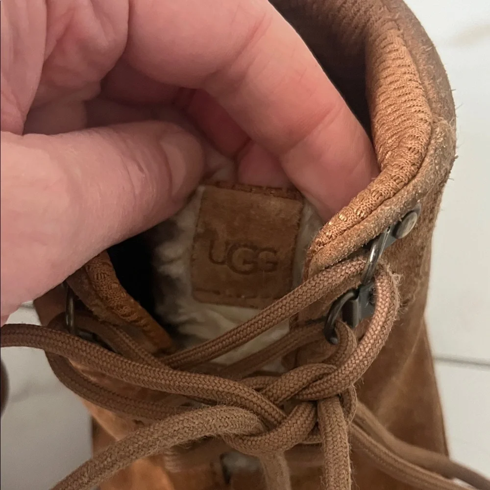 UGG Chestnut Suede Shearling-Lined Lace-Up Boots.  Youth